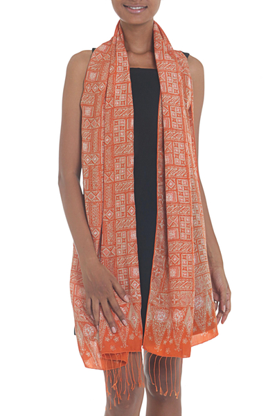 Silk batik shawl, 'Parang Puzzle' - Silk Shawl with Tangerine Geometric Motifs from Indonesia