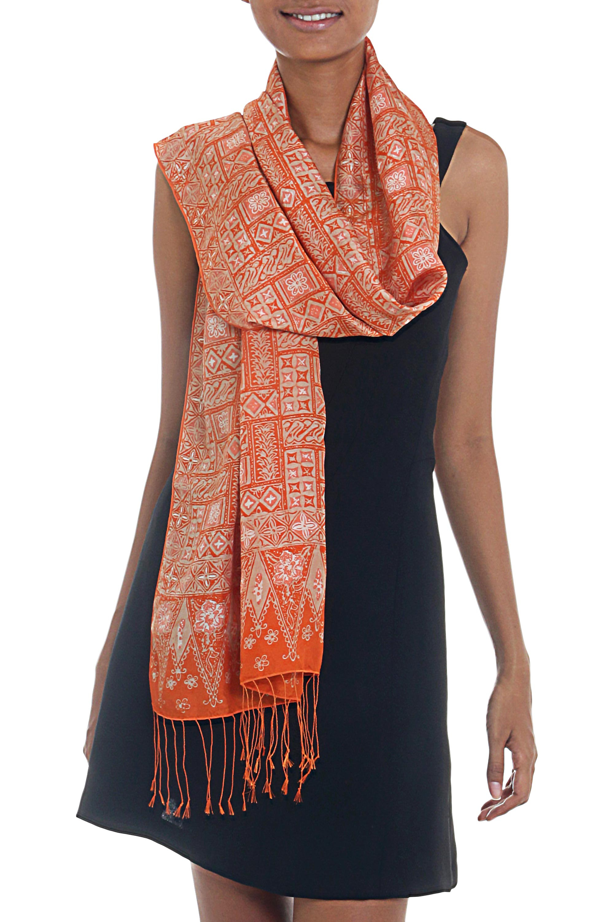 Silk Shawl with Tangerine Geometric Motifs from Indonesia - Parang ...