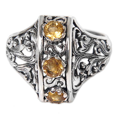 Citrine cocktail ring, 'Golden Triad' - Citrine and Sterling Silver Ring Hand Crafted in Indonesia