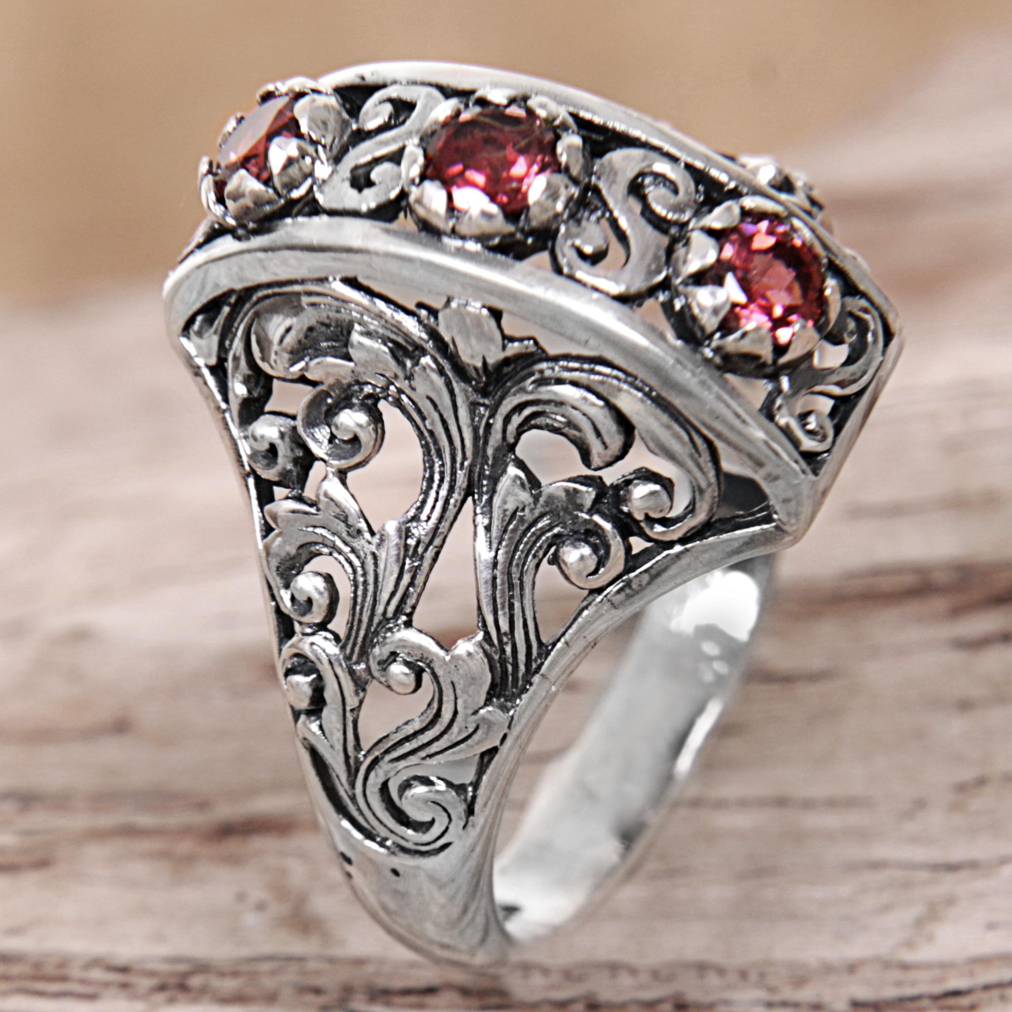 Garnet Sterling Silver Ring Hand Crafted in Indonesia, 'Crimson Triad'