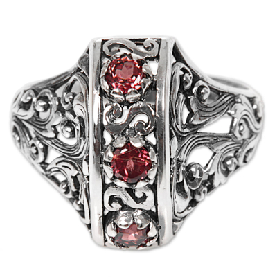 Garnet cocktail ring, 'Crimson Triad' - Garnet Sterling Silver Ring Hand Crafted in Indonesia