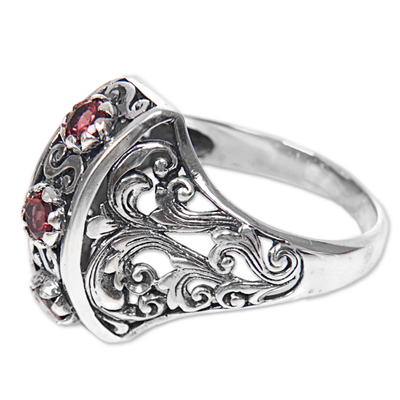 Garnet cocktail ring, 'Crimson Triad' - Garnet Sterling Silver Ring Hand Crafted in Indonesia