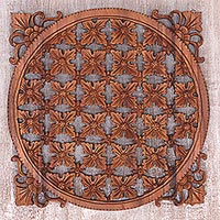 Wood wall relief panel, 'Padma Tile' - Floral Decorative Wall Panel Handmade in Indonesia