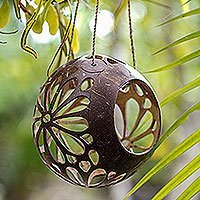 Coconut shell birdhouse, 'Melati Flowers' - Coconut Shell Agel Cord Birdhouse Floral from Indonesia
