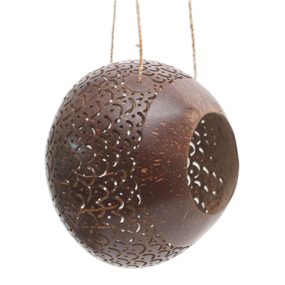 Coconut shell birdhouse, 'Sea Scales' - Coconut Shell Hanging Birdhouse from Indonesia