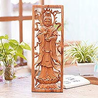Wood relief panel, 'Enlightened Kwan Im' - Natural Suar Wood Relief Panel Kwan Im Buddhist Goddess