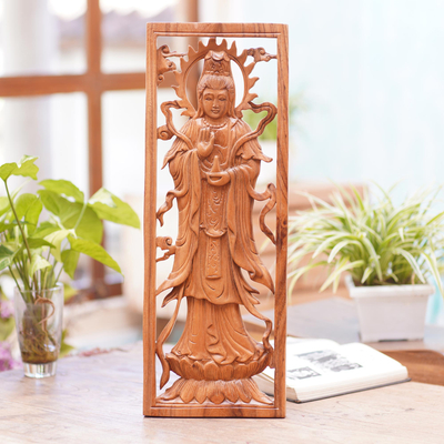 Wood relief panel, 'Enlightened Kwan Im' - Natural Suar Wood Relief Panel Kwan Im Buddhist Goddess