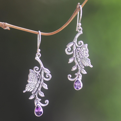 Amethyst dangle earrings, 'Royal Monarchs' - Handmade Sterling Silver and Amethyst Dangle Earrings