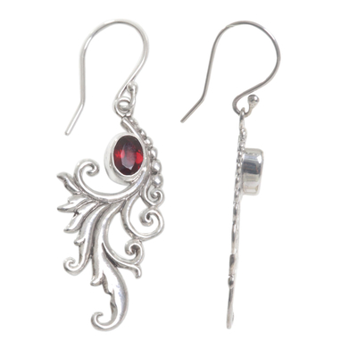 Garnet dangle earrings, 'Peacock Supreme' - Sterling Silver Peacock Feather Earrings with Garnets