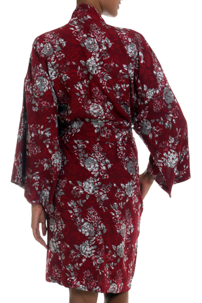 Batik rayon robe, 'Gorgeous in Claret' - Grey Batik Bali Flowers on Claret Color Rayon Short Robe