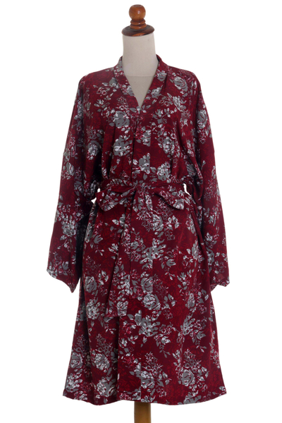 Batik rayon robe, 'Gorgeous in Claret' - Grey Batik Bali Flowers on Claret Color Rayon Short Robe