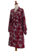Batik rayon robe, 'Gorgeous in Claret' - Grey Batik Bali Flowers on Claret Color Rayon Short Robe (image 2e) thumbail
