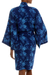 Batik rayon robe, 'Gorgeous in Cyan' - Blue Batik Flowers Balinese Rayon Short Cross Over Robe (image 2d) thumbail