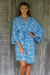 Batik rayon robe, 'Gorgeous in Cerulean' - Balinese Rayon Short Cross Over Robe Blue Batik Flowers thumbail