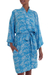 Batik rayon robe, 'Gorgeous in Cerulean' - Balinese Rayon Short Cross Over Robe Blue Batik Flowers (image 2a) thumbail