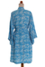 Batik rayon robe, 'Gorgeous in Cerulean' - Balinese Rayon Short Cross Over Robe Blue Batik Flowers (image 2f) thumbail