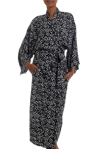 Black and White Floral Rayon Robe from Indonesia Artisan