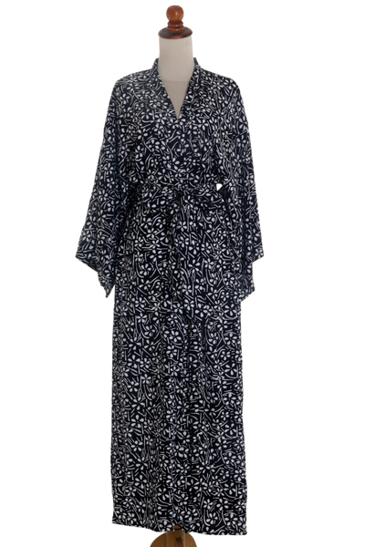 Rayon robe, 'Simple Luxury' - Black and White Floral Rayon Robe from Indonesia Artisan