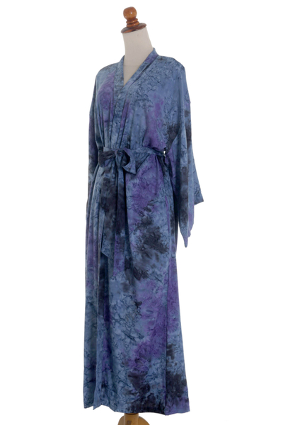 Robe aus Rayon - Handgefertigte blaue Viskose-Robe mit Batikmuster aus Indonesien