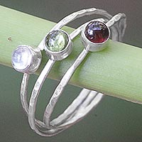 Multi-gemstone cocktail ring, 'Memorable Trio' - Balinese Garnet Peridot Rainbow Moonstone Multigem Ring