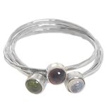 Multi-gemstone cocktail ring, 'Memorable Trio' - Balinese Garnet Peridot Rainbow Moonstone Multigem Ring