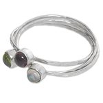 Multi-gemstone cocktail ring, 'Memorable Trio' - Balinese Garnet Peridot Rainbow Moonstone Multigem Ring