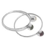 Multi-gemstone cocktail ring, 'Memorable Trio' - Balinese Garnet Peridot Rainbow Moonstone Multigem Ring