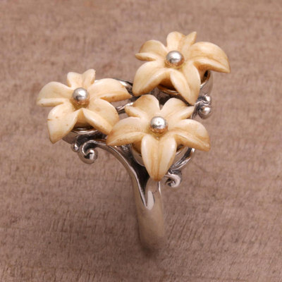Bone cocktail ring, 'Plumeria Blooms' - Bone Sterling Silver Floral Cocktail Ring Handmade Indonesia