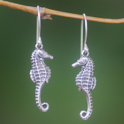 Sterling silver dangle earrings, 'Sea Horse Couple' - Sterling Silver Dangle Earrings Sea Horse Indonesia