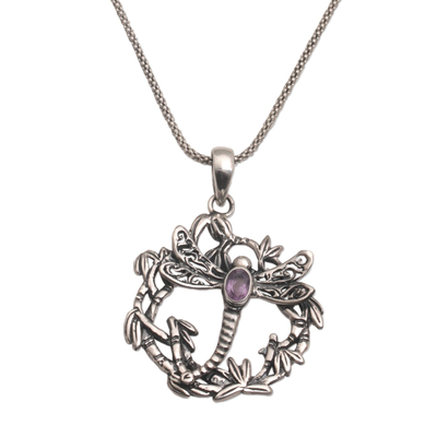 Amethyst pendant necklace, 'Dancing Dragonfly' - Amethyst and Sterling Silver Dragonfly Necklace from Bali