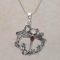 Garnet pendant necklace, 'Dancing Dragonfly' - Garnet and Sterling Silver Dragonfly Necklace from Bali