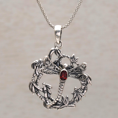 Garnet pendant necklace, 'Dancing Dragonfly' - Garnet and Sterling Silver Dragonfly Necklace from Bali