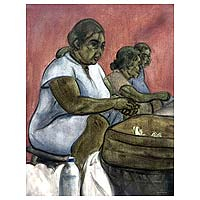 'Arranging' - Pintura al óleo sobre lienzo de una mujer hindú javanesa