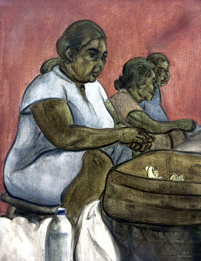 'Arranging' - Pintura al óleo sobre lienzo de una mujer hindú javanesa