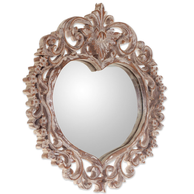Espejo de pared de madera - Espejo de pared en forma de corazón de madera tallada a mano de Indonesia