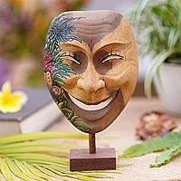 Wood mask, 'Gleeful Smile' - Balinese Handcrafted Hibiscus Wood Mask Butterfly Motif