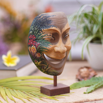 Wood mask, 'Gleeful Smile' - Balinese Handcrafted Hibiscus Wood Mask Butterfly Motif