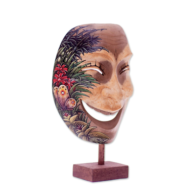 Máscara de madera - Motivo de mariposa de máscara de madera de hibisco hecha a mano balinesa