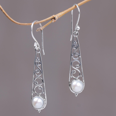 Cultured pearl dangle earrings, 'Iridescent Pendulum' - Balinese Cultured Pearl and Sterling Silver Dangle Earrings