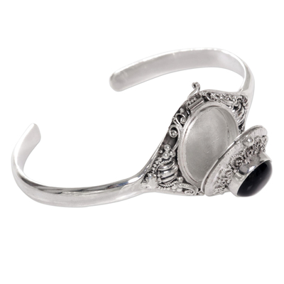Onyx locket cuff bracelet, 'Dark Door' - Onyx Sterling Silver Locket Cuff Bracelet Indonesia