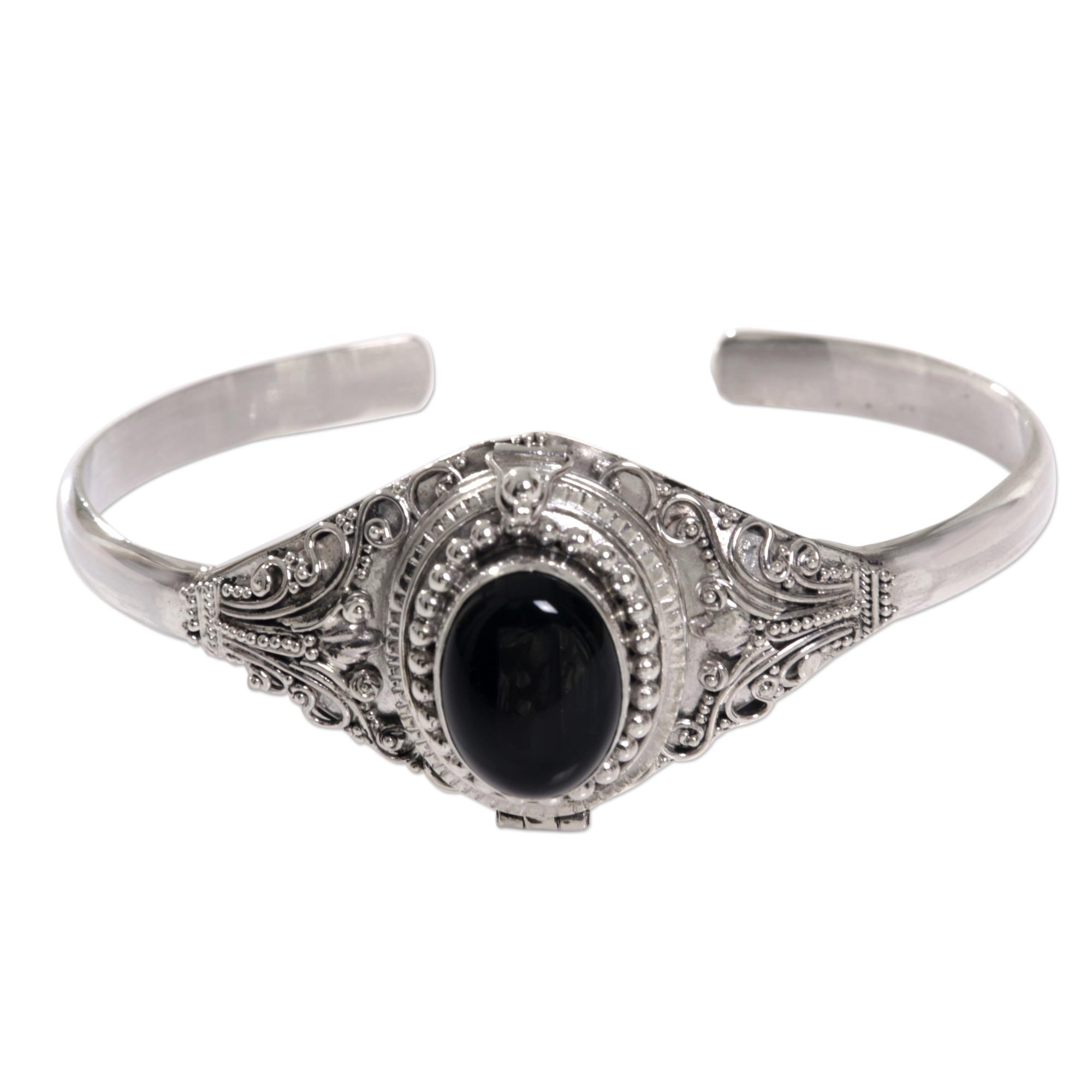 Onyx and Sterling Silver Cuff Locket Bracelet Indonesia - Deep