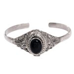 Onyx locket cuff bracelet, 'Deep Gaze' - Onyx and Sterling Silver Cuff Locket Bracelet Indonesia