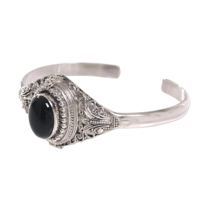 Onyx locket cuff bracelet, 'Deep Gaze' - Onyx and Sterling Silver Cuff Locket Bracelet Indonesia