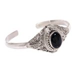 Onyx locket cuff bracelet, 'Deep Gaze' - Onyx and Sterling Silver Cuff Locket Bracelet Indonesia