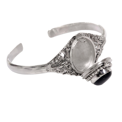 Onyx locket cuff bracelet, 'Deep Gaze' - Onyx and Sterling Silver Cuff Locket Bracelet Indonesia