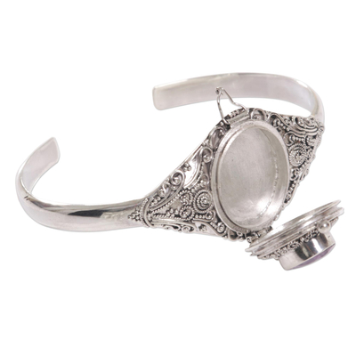 Amethyst locket cuff bracelet, 'Watchful Eye' - Hand Made Amethyst Sterling Silver Cuff Bracelet Indonesia