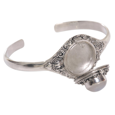 Rainbow moonstone locket cuff bracelet, 'Moon Door' - Rainbow Moonstone Sterling Silver Cuff Bracelet Indonesia