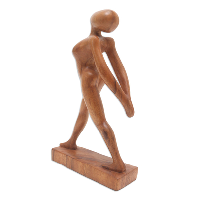estatuilla de madera - Estatuilla de yoga de pose de estiramiento hecha a mano madera de suar marrón