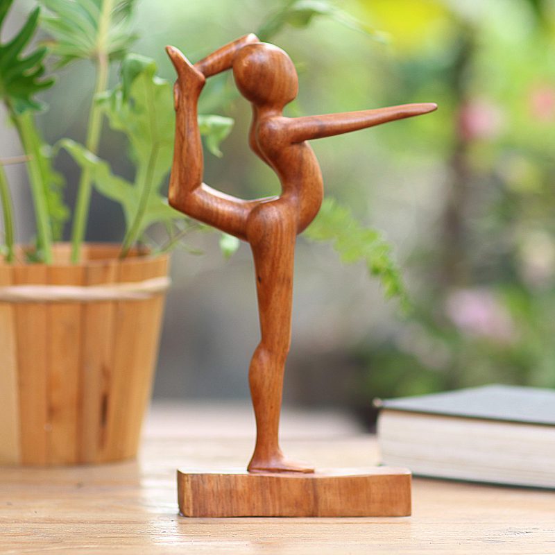 Handmade Dandayamana Pose Yoga Statuette Brown Suar Wood