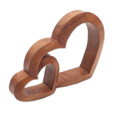 Wood sculpture, 'Warm Hearts' - Wood Hand Made Indonesian Brown Connecting Hearts Sculpture